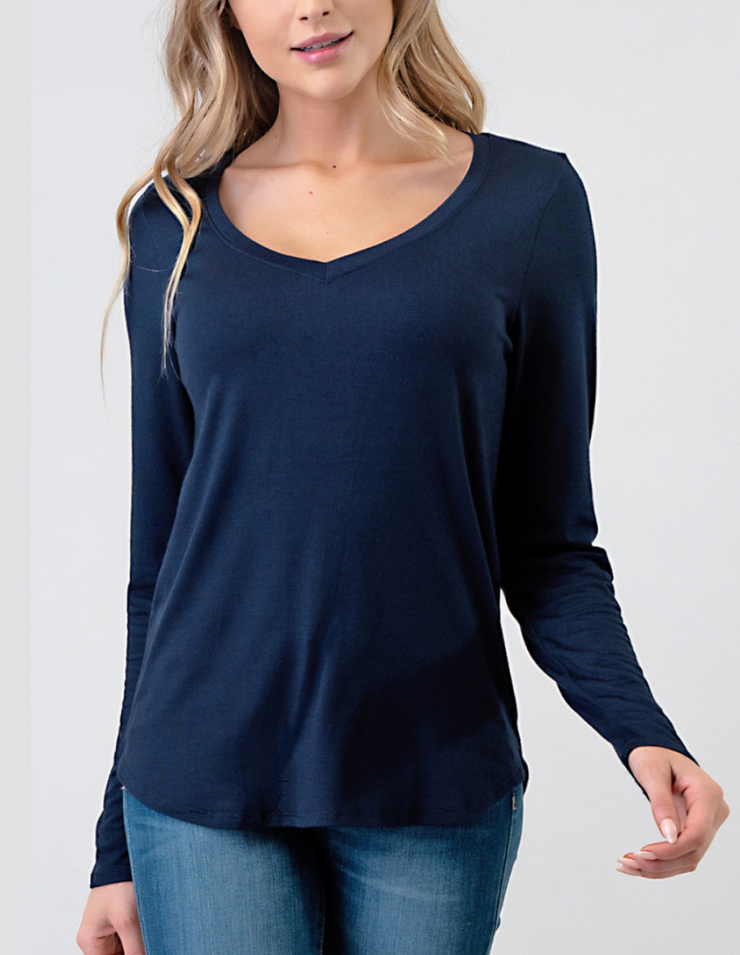 V Neck Long Slv T (Navy) #T249 - Essential Collections